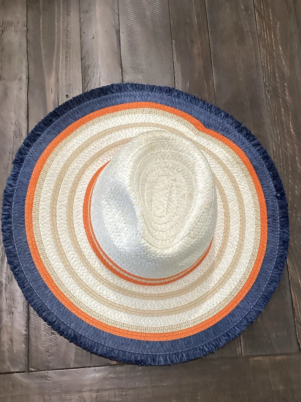 Straw Sun Hat in White with Orange and Navy Trim